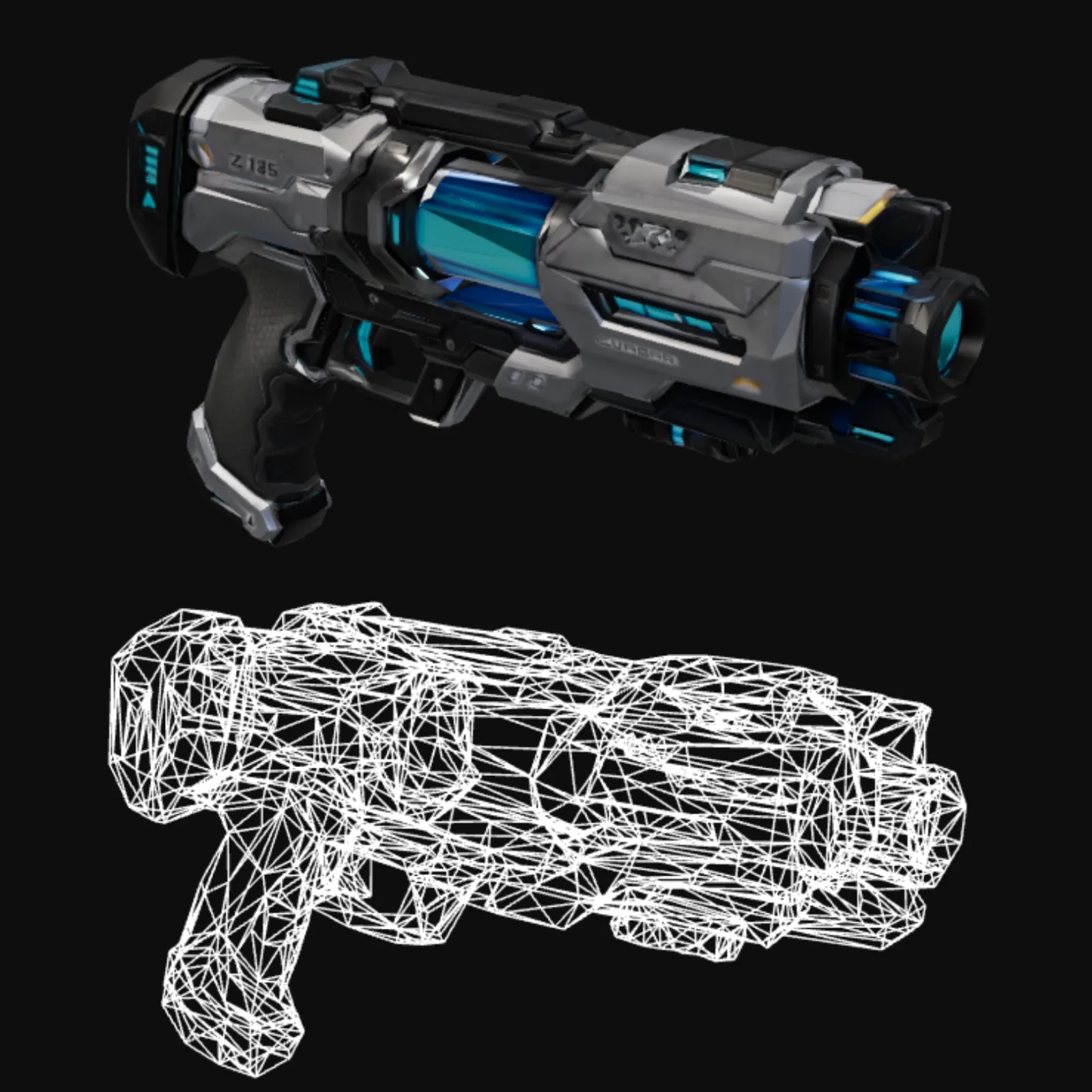 The same blaster mesh decimated to a game-ready poly count, shaded and wireframe views