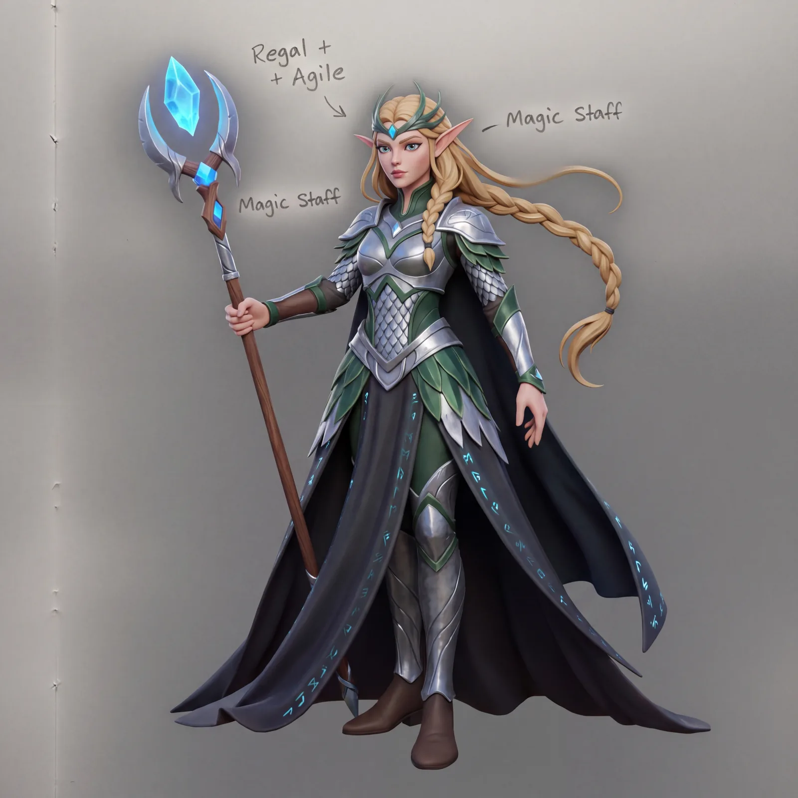 Colorized render of the elven mage concept, design notes still visible before cleanup