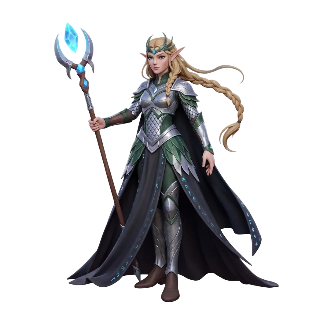 The elven mage concept isolated on a plain background with all text and annotations removed