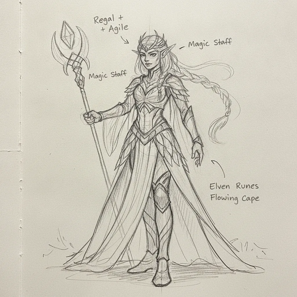 Pencil concept sketch of an elven mage with handwritten design notes: regal and agile, magic staff, elven runes, flowing cape